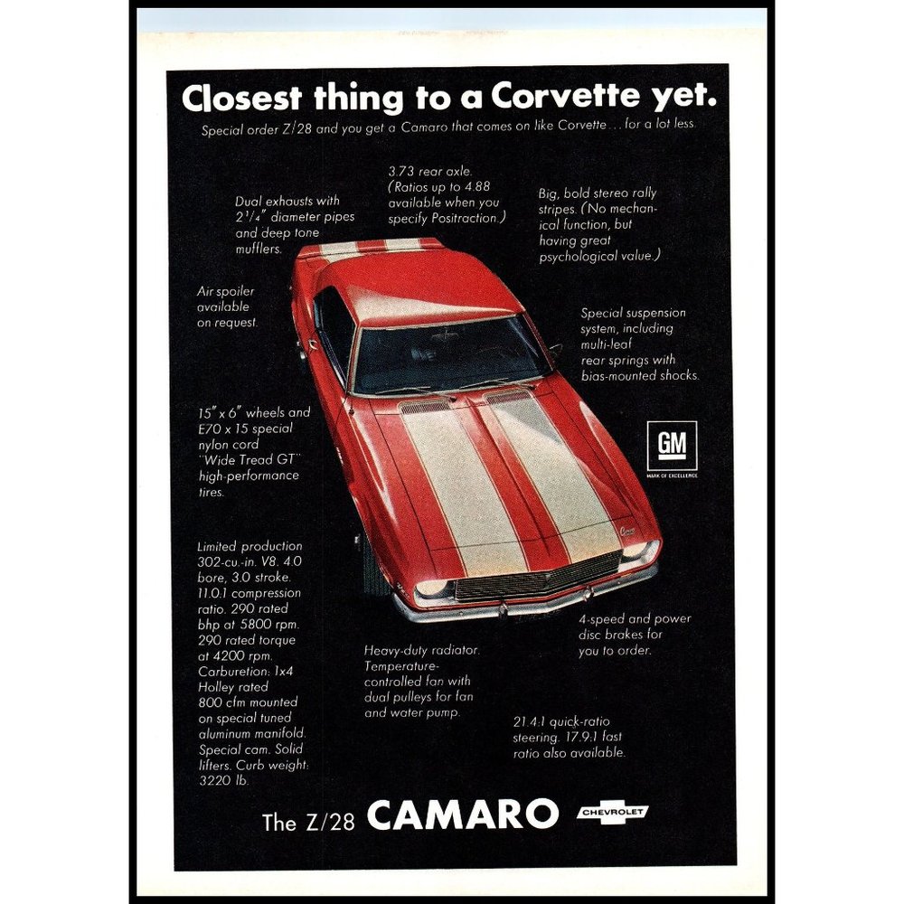 1968 Camaro Z28 Closest Thing to a Corvette Yet Vintage Print Ad Red White Art